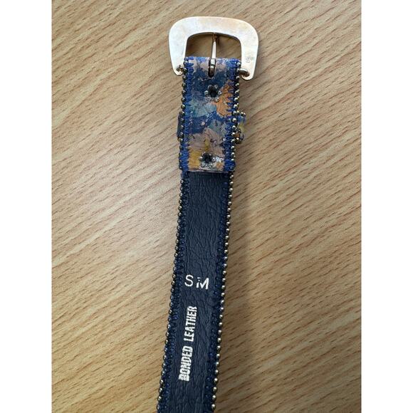 Vintage belt women\'s S/M watercolor abstract print beaded leather blue gold boho